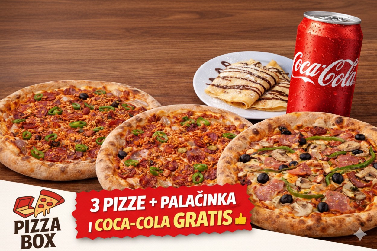 3 pizze + palačinka + Coca-Cola gratis